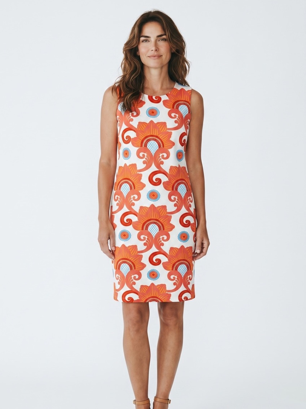 J McLaughlin Catalina Cloth Sleeveless Orange Floral-Print Sheath Dress Sz S
